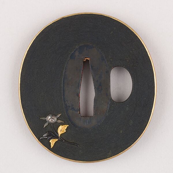Sword Guard (Tsuba), Copper-gold alloy (shakudō), gold, copper, Japanese