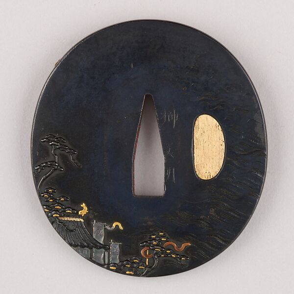 Sword Guard (Tsuba), Copper-gold alloy (shakudō), gold, copper, Japanese