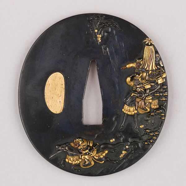 Sword Guard (Tsuba), Copper-gold alloy (shakudō), gold, copper, Japanese 