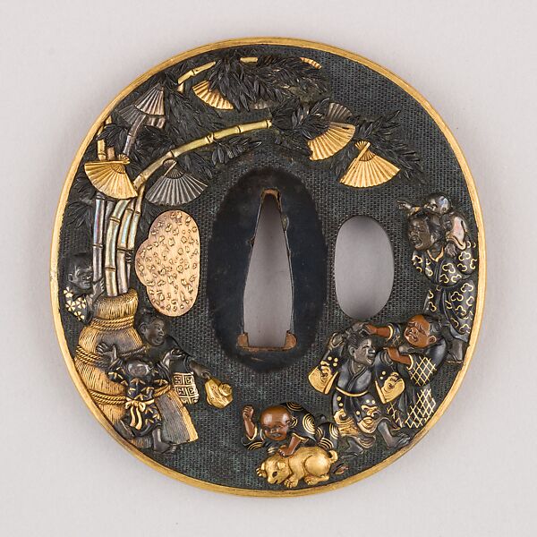 Sword Guard (Tsuba), Copper-gold alloy (shakudō), gold, copper, silver, copper-silver alloy (shibuichi), Japanese