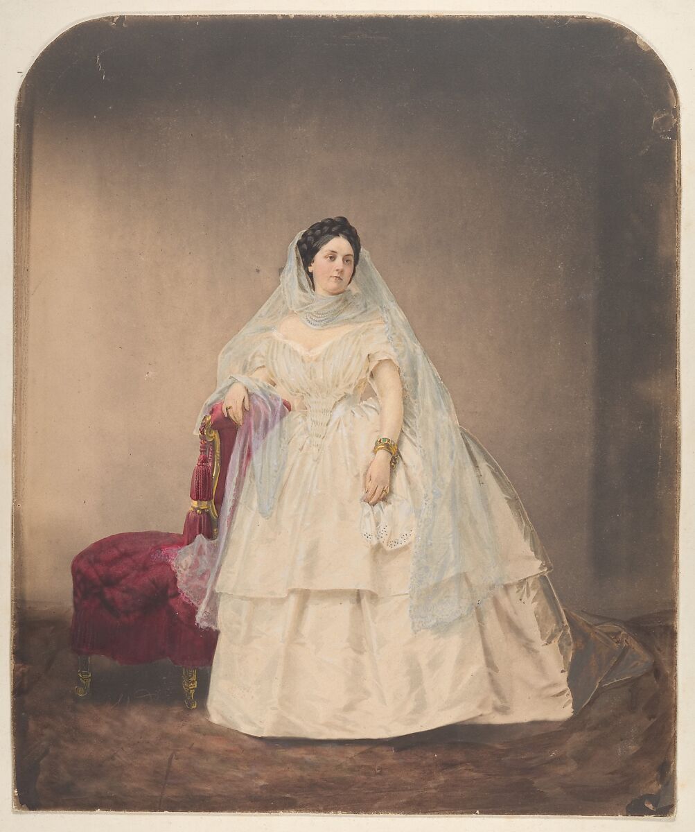 [Portrait in a White Dress], Pierre-Louis Pierson (French, 1822–1913), Salted paper print from glass negative with applied color 