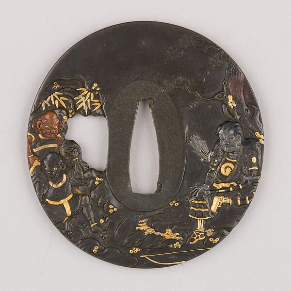 Sword Guard (Tsuba), Copper-gold alloy (shakudō), gold, silver, copper, Japanese 
