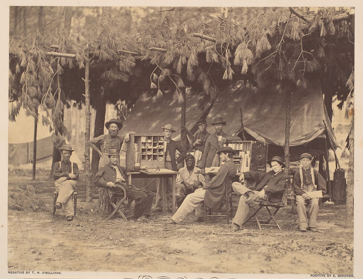 Chief Officer and Clerks of the Ambulance Department, 9th Army Corps, in Front of Petersburg, Virginia, Timothy H. O&#39;Sullivan (American, born Ireland, 1840–1882), Albumen silver print from glass negative 