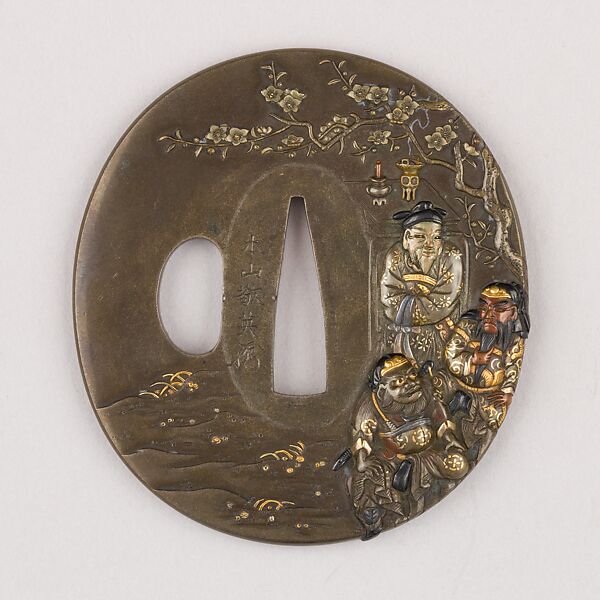 Sword Guard (Tsuba), Copper-silver alloy (shibuichi), silver, gold, copper, Japanese 