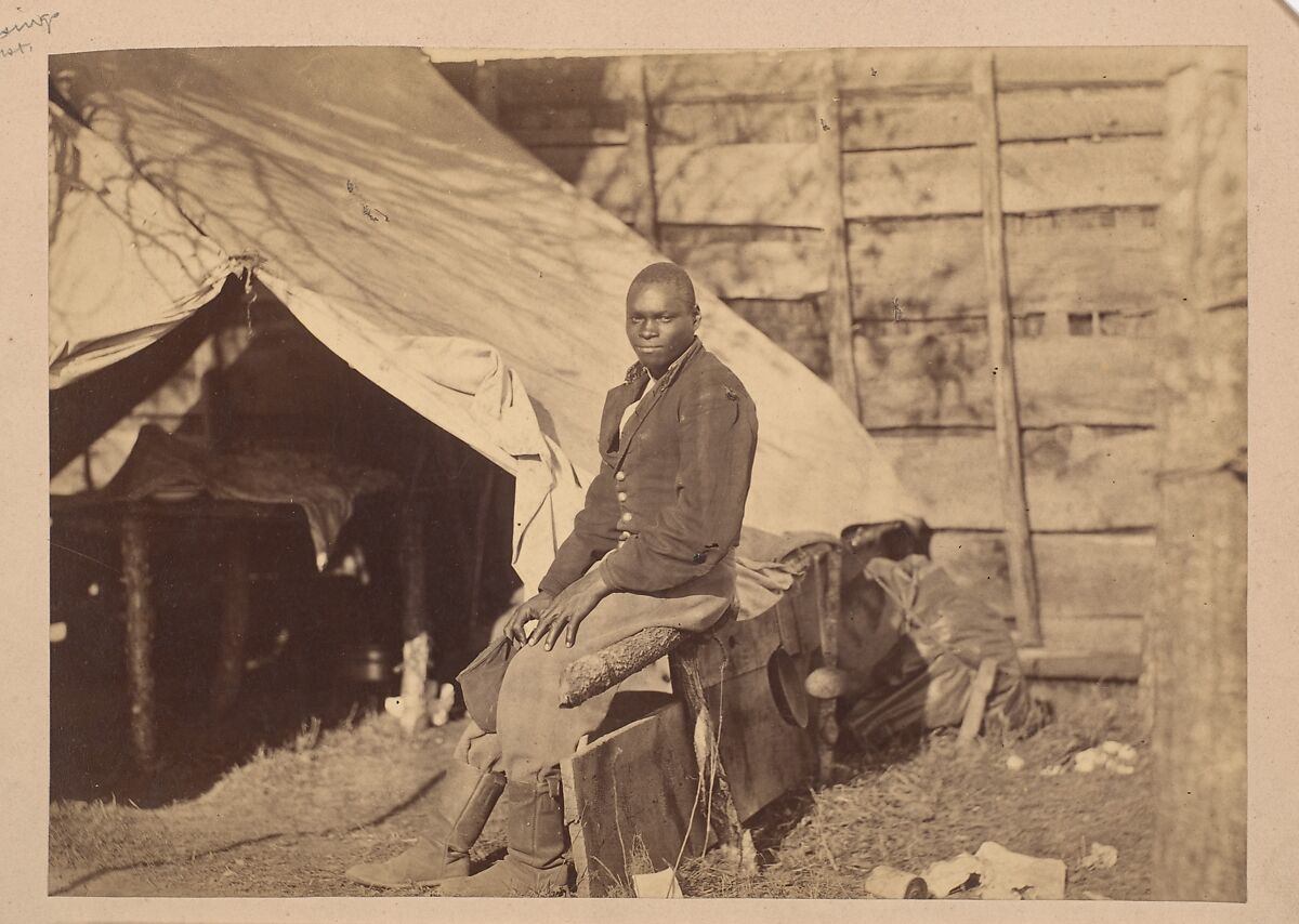 [Black Soldier in Camp], Possibly by Alexander Gardner (American, Glasgow, Scotland 1821–1882 Washington, D.C.), Albumen silver print from glass negative 