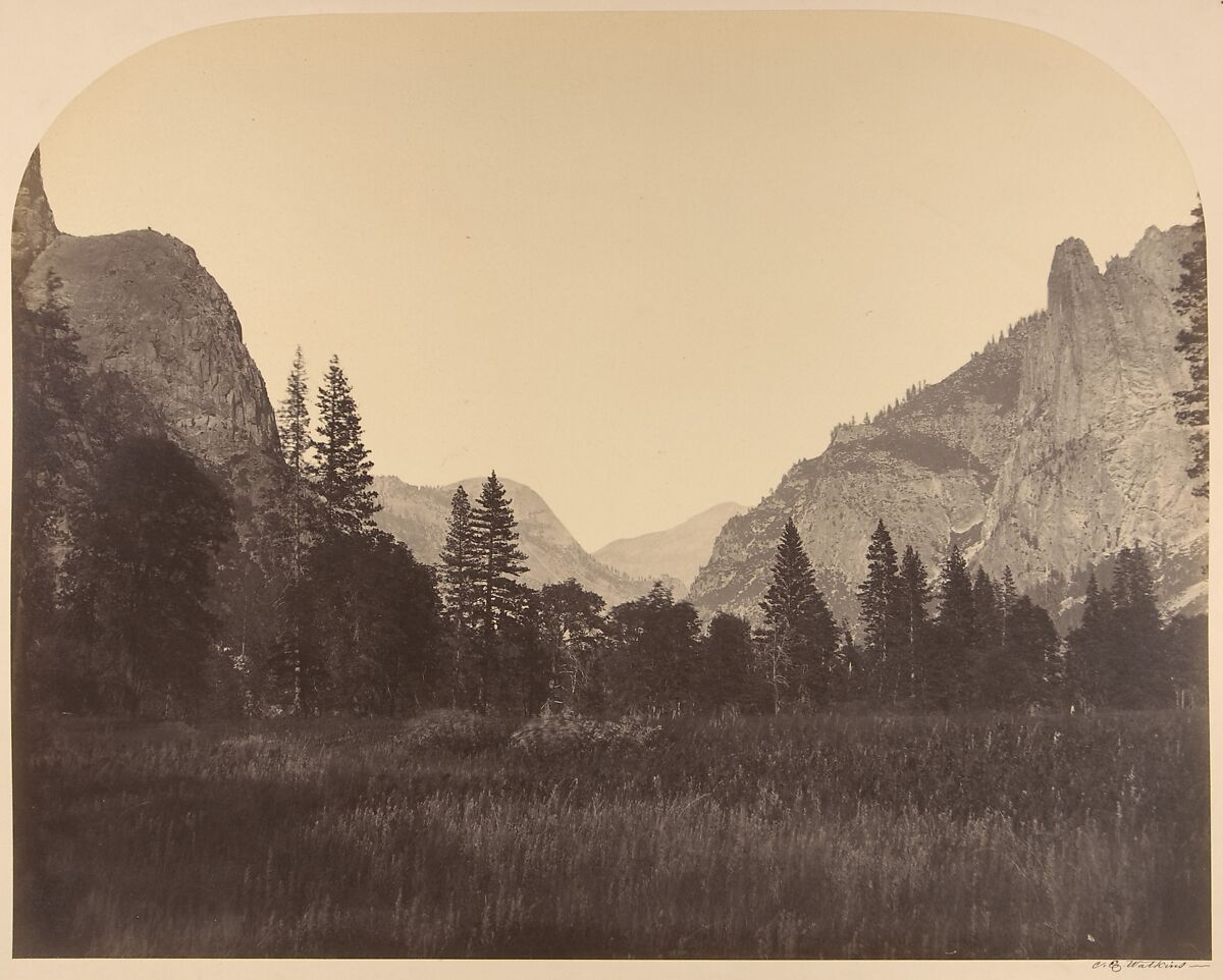 Up the Valley, North Dome in Center, Sentinel on Left, Carleton E. Watkins (American, 1829–1916), Albumen silver print from glass negative 