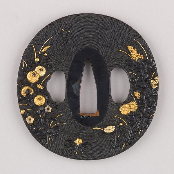 Sword Guard (Tsuba), Copper-gold alloy (shakudō), gold, silver, copper, Japanese