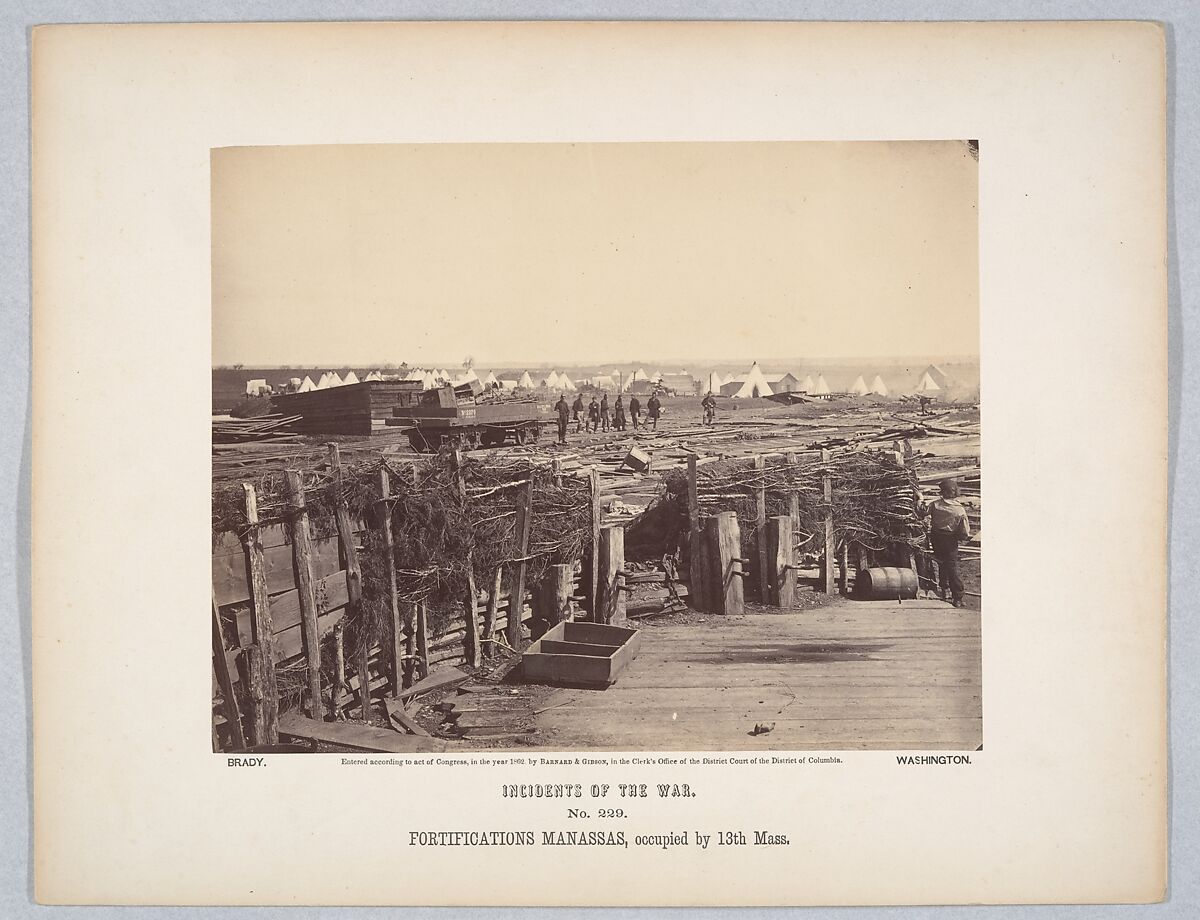 Fortifications, Manassas, Occupied by 13th Mass., Mathew B. Brady (American, born Ireland, 1823?–1896 New York), Albumen silver print from glass negative 