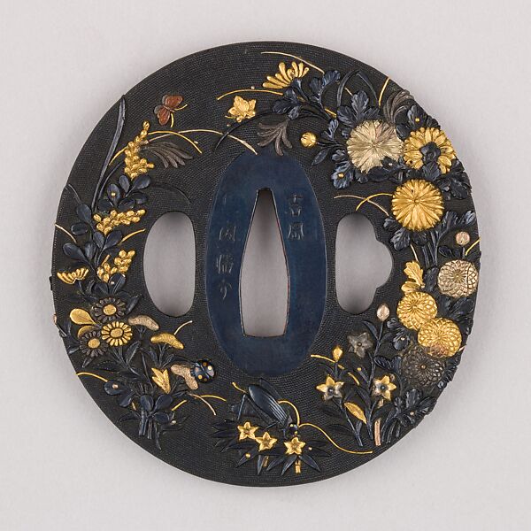 Sword Guard (Tsuba), Copper-gold alloy (shakudō), gold, silver, copper, Japanese 