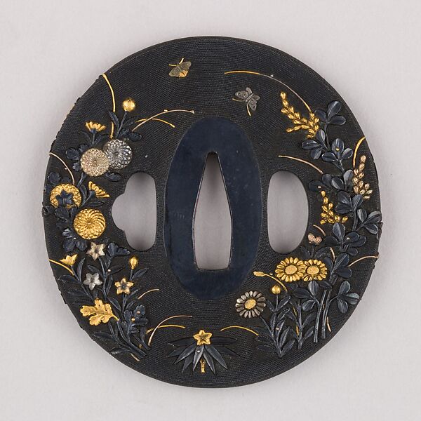 Sword Guard (Tsuba), Copper-gold alloy (shakudō), gold, silver, copper, Japanese