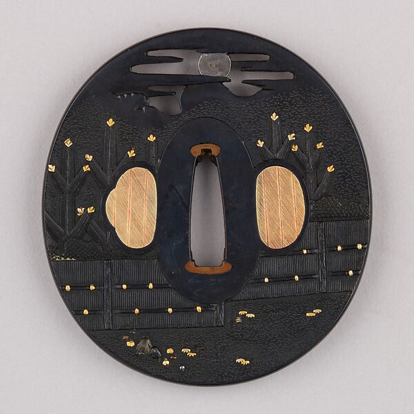 Sword Guard (Tsuba), Copper-gold alloy (shakudō), gold, silver, copper, Japanese