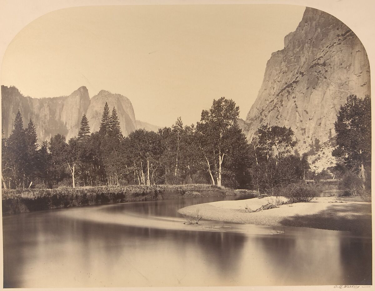 River View, Down the Valley, Cathedral Rock on Left, Carleton E. Watkins (American, 1829–1916), Albumen silver print from glass negative 