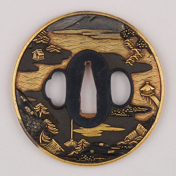 Sword Guard (Tsuba), Copper-gold alloy (shakudō), gold, copper, Japanese