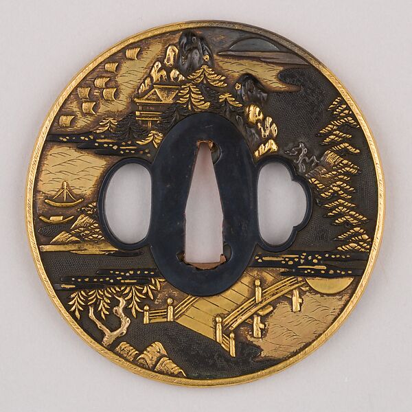 Sword Guard (Tsuba), Copper-gold alloy (shakudō), gold, copper, Japanese 