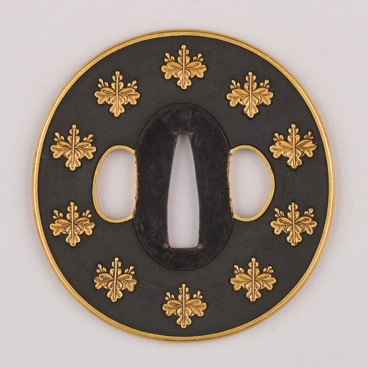Sword Guard (Tsuba), Copper-gold alloy (shakudō), gold, copper, Japanese