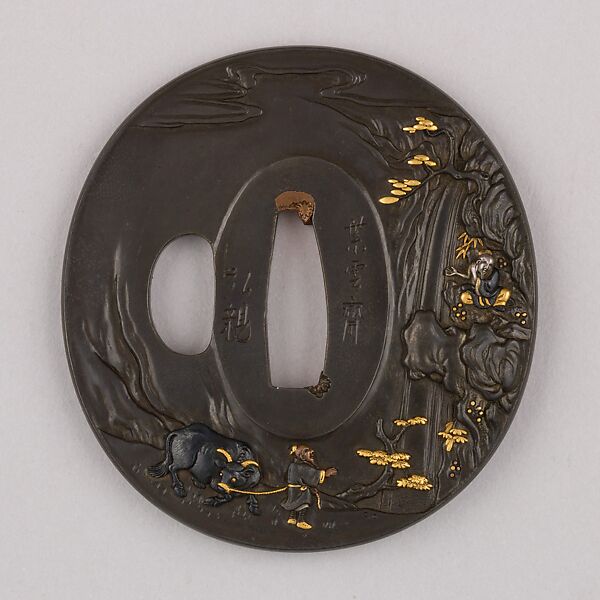 Sword Guard (Tsuba), Copper-silver alloy (shibuichi), gold, copper, Japanese 