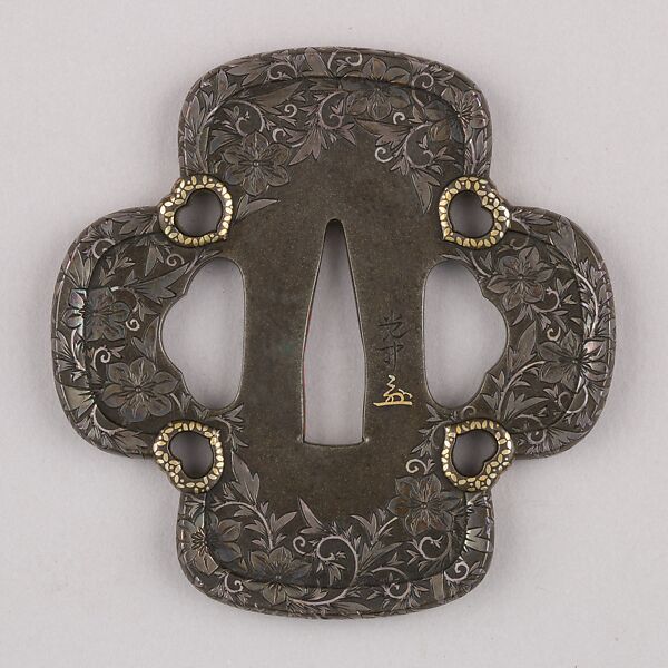 Sword Guard (Tsuba), Copper-silver alloy (shibuichi), silver, gold, copper, Japanese 