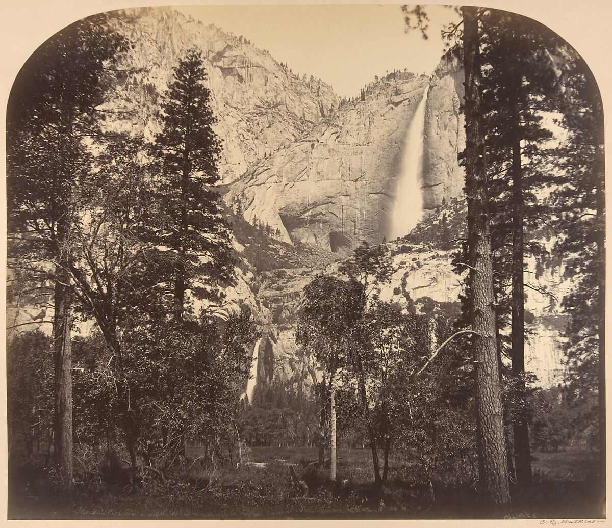 Yosemite Fall. Down the Valley. 2637 Ft., Carleton E. Watkins (American, 1829–1916), Albumen silver print from glass negative 