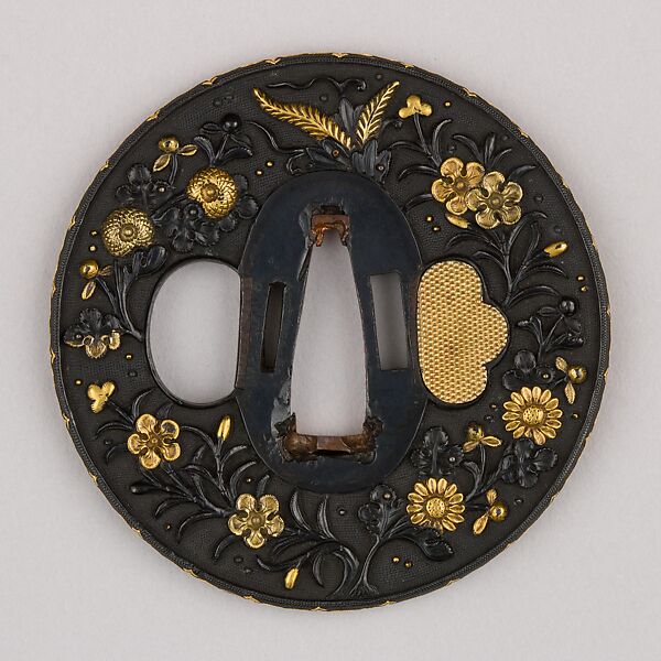 Sword Guard (Tsuba), Possibly copper, gold, copper-gold alloy (shakudō), copper-silver alloy (possibly shibuichi), Japanese