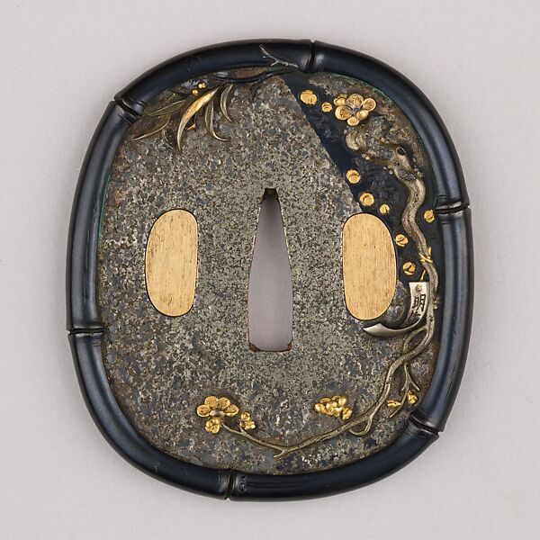 Sword Guard (Tsuba), Copper-gold alloy (shakudō), gold, copper, Japanese