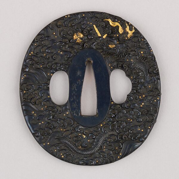 Sword Guard (Tsuba), Copper-gold alloy (shakudō), gold, copper, Japanese 