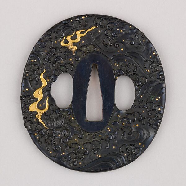 Sword Guard (Tsuba), Copper-gold alloy (shakudō), gold, copper, Japanese