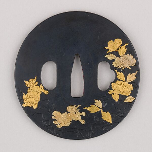 Sword Guard (Tsuba), Copper-gold alloy (shakudō), gold, copper, Japanese