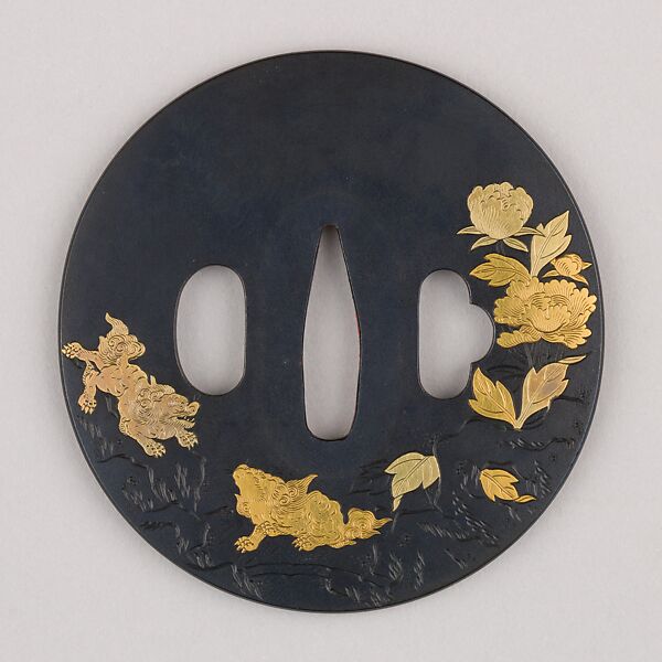 Sword Guard (Tsuba), Copper-gold alloy (shakudō), gold, copper, Japanese