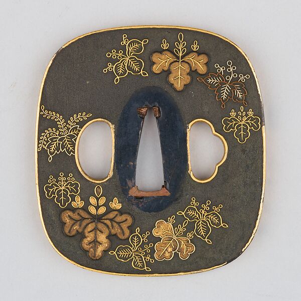 Sword Guard (Tsuba), Copper-gold alloy (shakudō), gold, enameled cloisonné (shippō), copper, Japanese