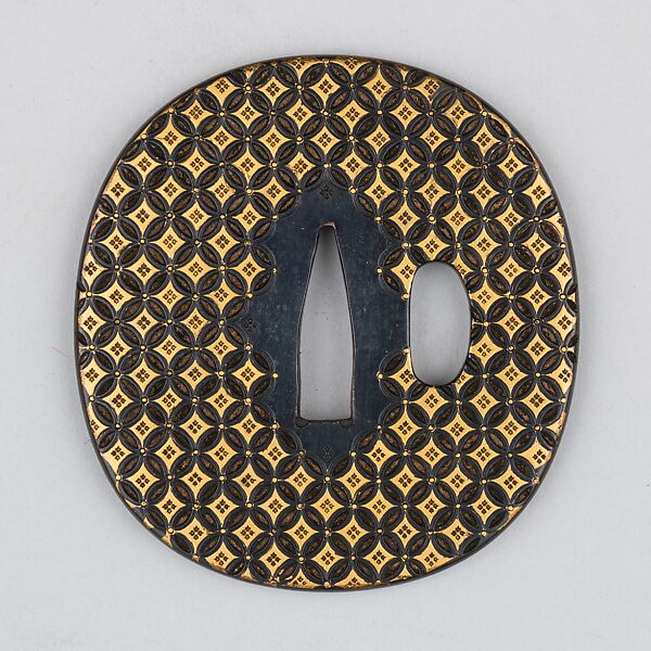 Sword Guard (Tsuba), Copper-gold alloy (shakudō), gold, enamel, copper, Japanese