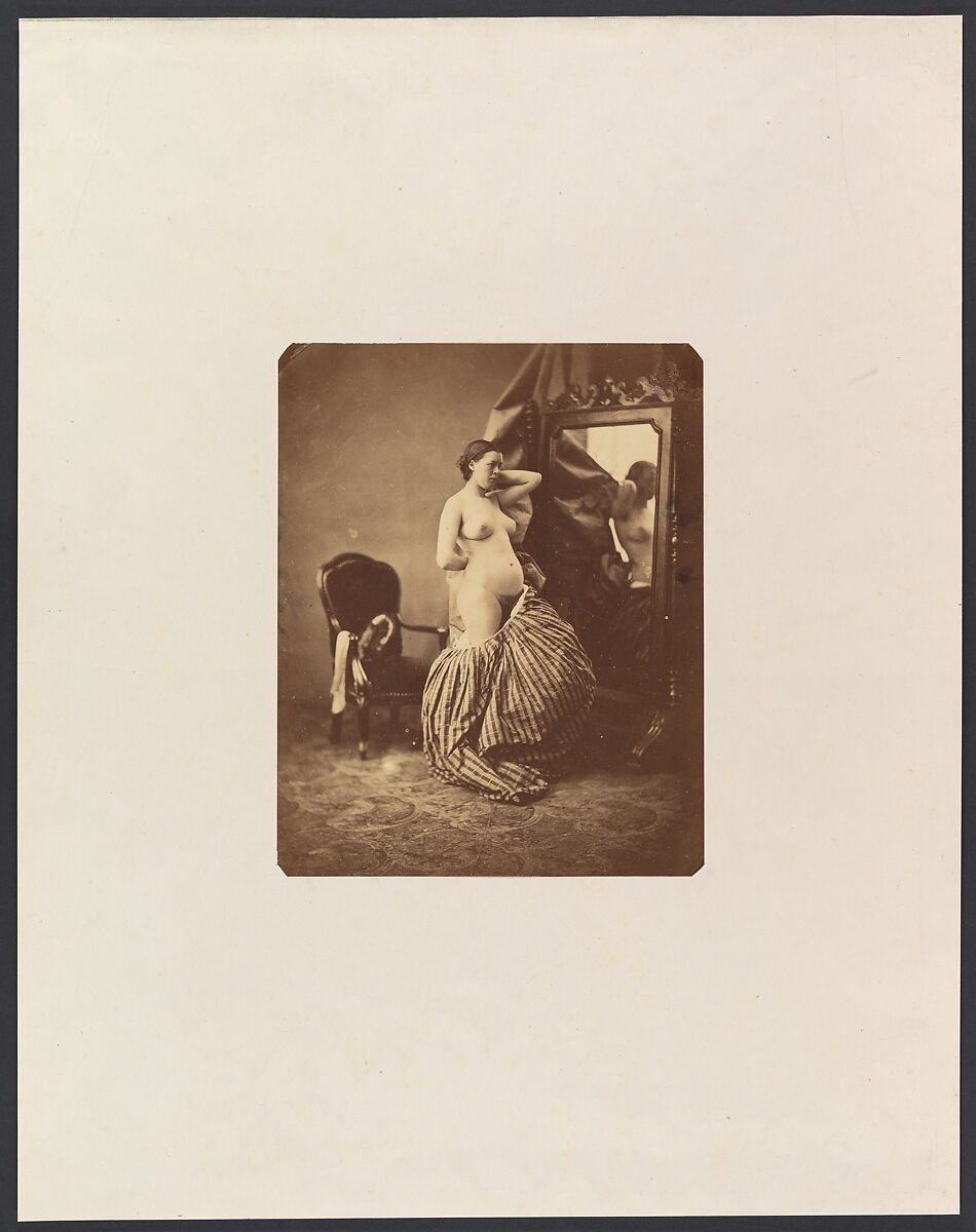 [Nude Before a Mirror], Attributed to Bruno Braquehais (French, 1823–1875), Albumen silver print from glass negative