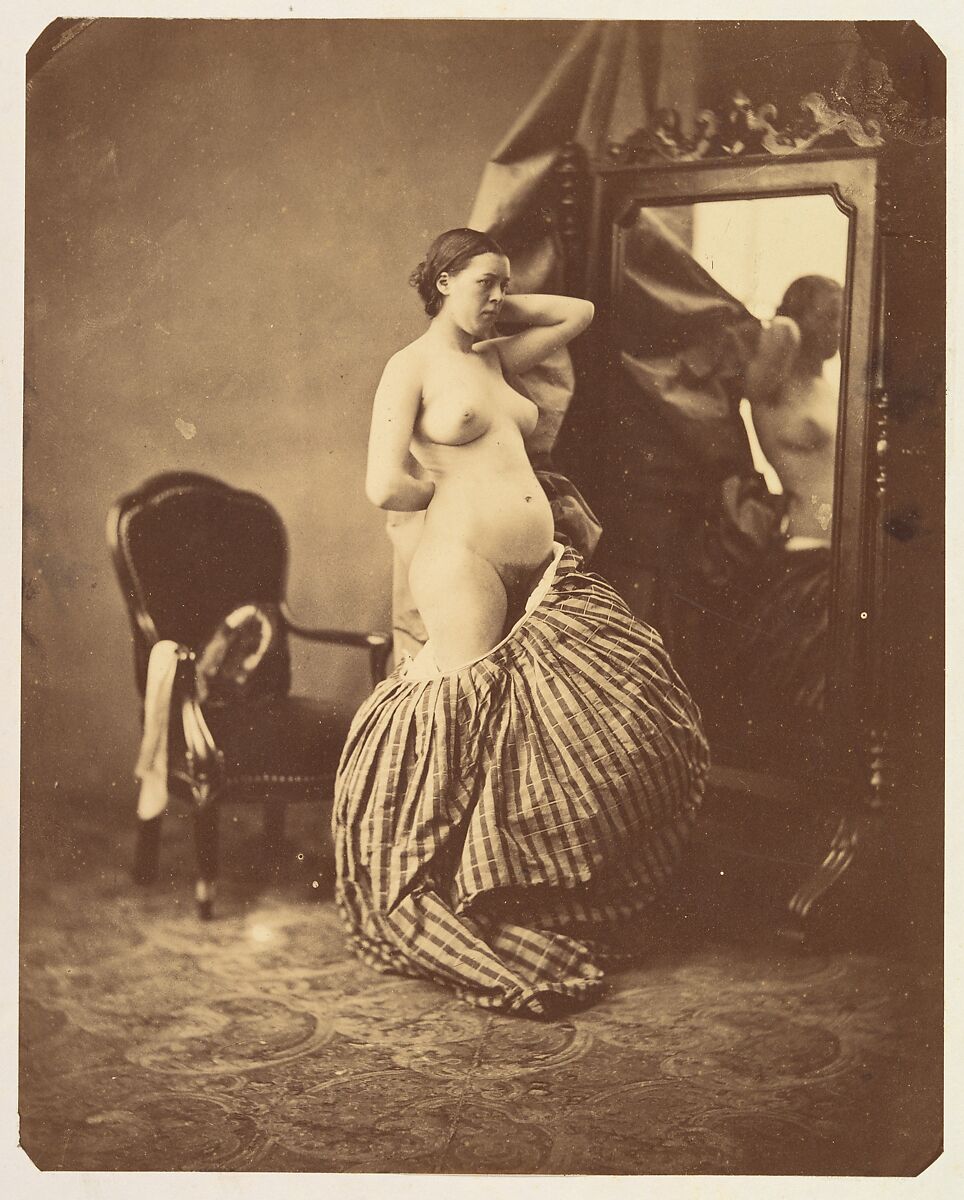 [Nude Before a Mirror], Attributed to Bruno Braquehais (French, 1823–1875), Albumen silver print from glass negative 