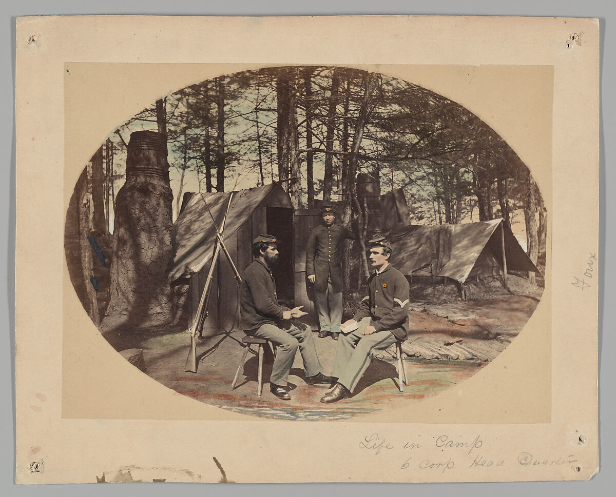 Life in Camp, 6th Corp Headquarters, Egbert Guy Fowx (American, born 1821), Salted paper print from glass negative with applied color 