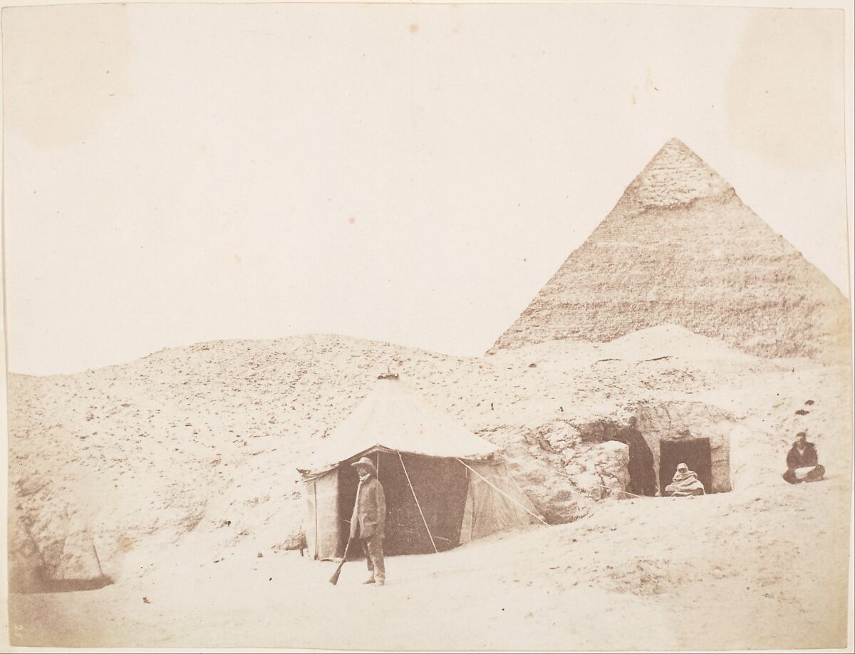 [The Photographer before his Tent on the Site of the Pyramid of Khafre (Chephren)], George Wilson Bridges (British, 1788–1864), Salted paper print from paper negative 