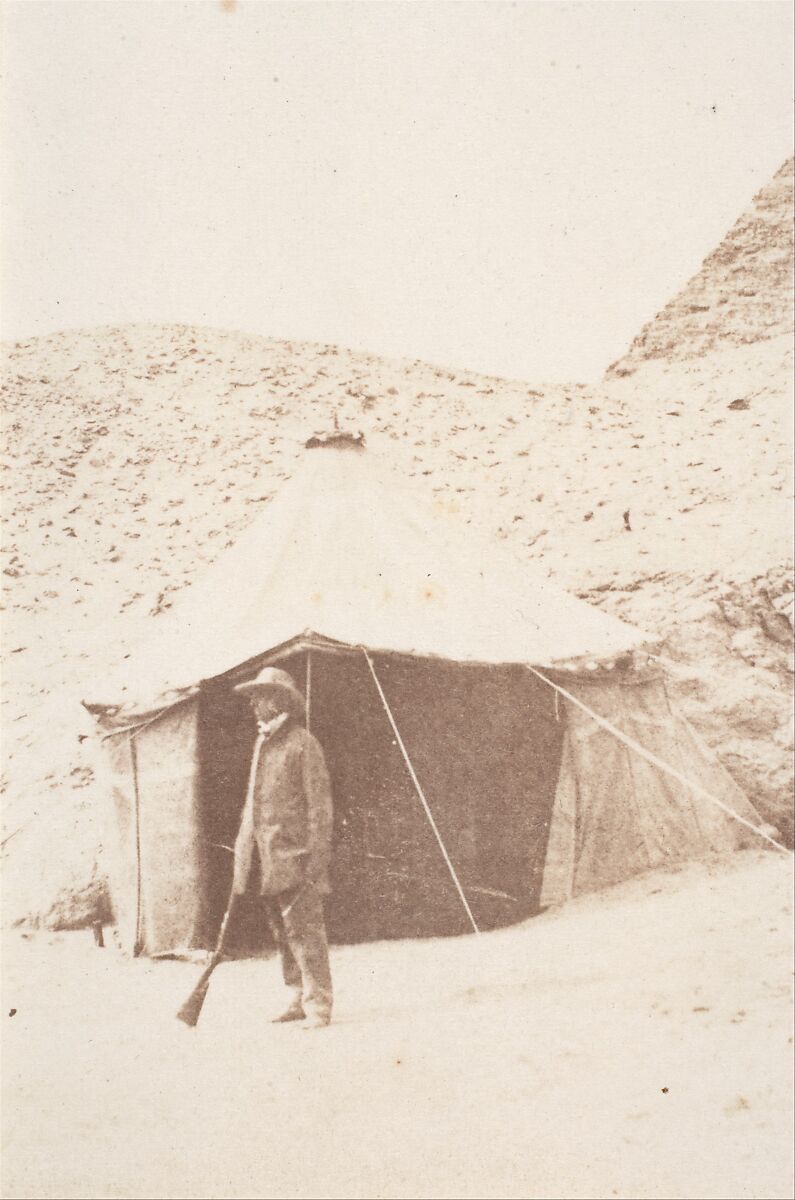 [The Photographer before his Tent on the Site of the Pyramid of Khafre (Chephren)], George Wilson Bridges (British, 1788–1864), Salted paper print from paper negative