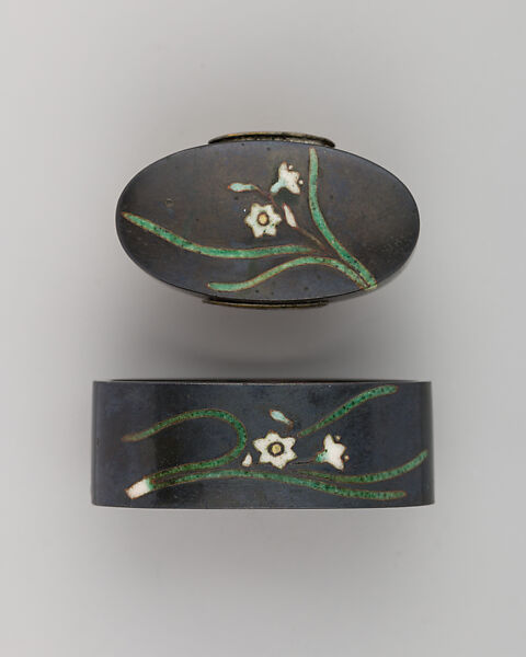 Sword-Hilt Collar and Pommel (Fuchigashira), Copper-gold alloy (shakudō), enamel, Japanese 