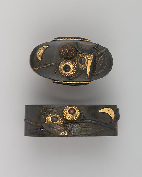Sword-Hilt Collar and Pommel (Fuchigashira), Copper-silver alloy (shibuichi), gold, copper-gold alloy (shakudō), Japanese 