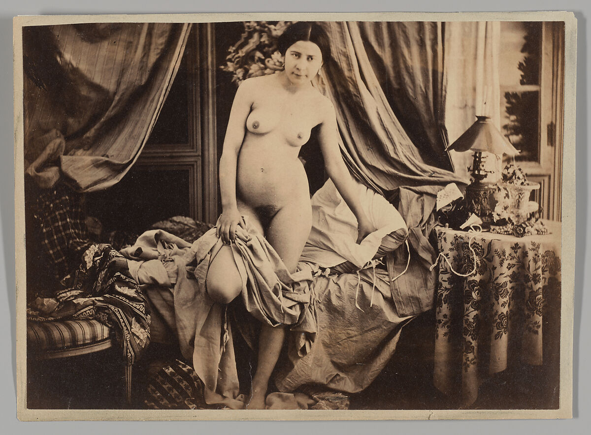 [Nude Standing by Bed], Auguste Belloc (French), Albumen silver print from glass negative 