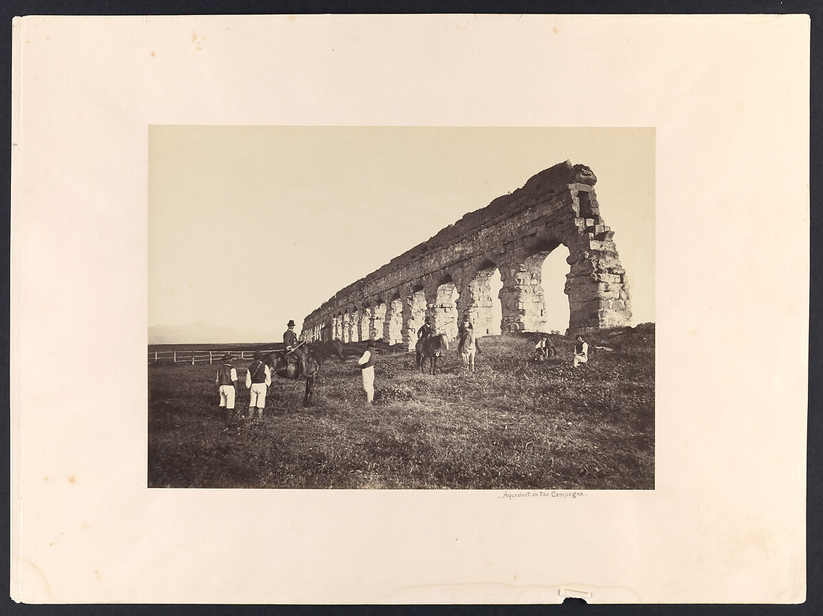[Men on Horse by Roman Aqueduct], Attributed to Altobelli &amp; Molins (Italian, active 1858–65), Albumen silver print from glass negative 