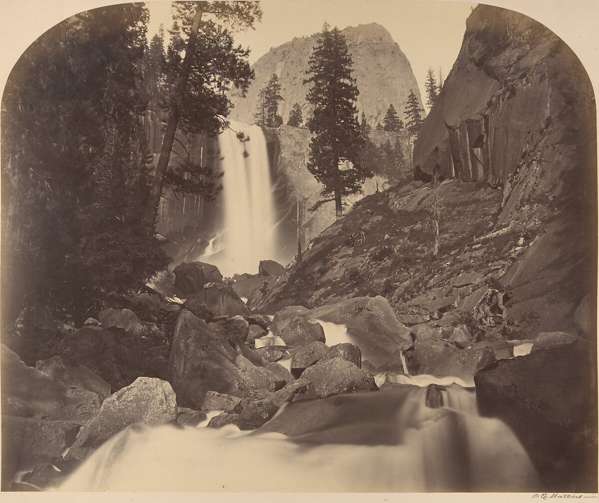Mt. Broderick in Distant Centre, Piroyac, Falling Chrystals, Vernal Fall, Carleton E. Watkins (American, 1829–1916), Albumen silver print from glass negative 