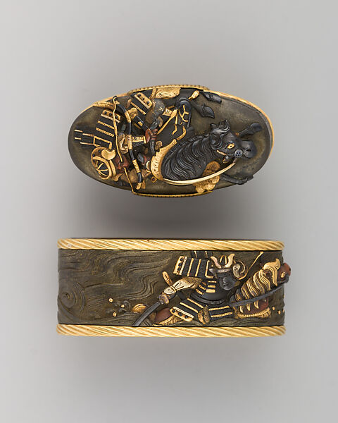 Sword-Hilt Collar and Pommel (Fuchigashira), Copper-silver alloy (shibuichi), gold, silver, copper-gold alloy (shakudō), copper, Japanese 