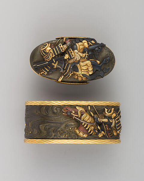 Sword-Hilt Collar and Pommel (Fuchigashira), Copper-silver alloy (shibuichi), copper-gold alloy (shakudō), gold, silver, copper, enamel, Japanese 