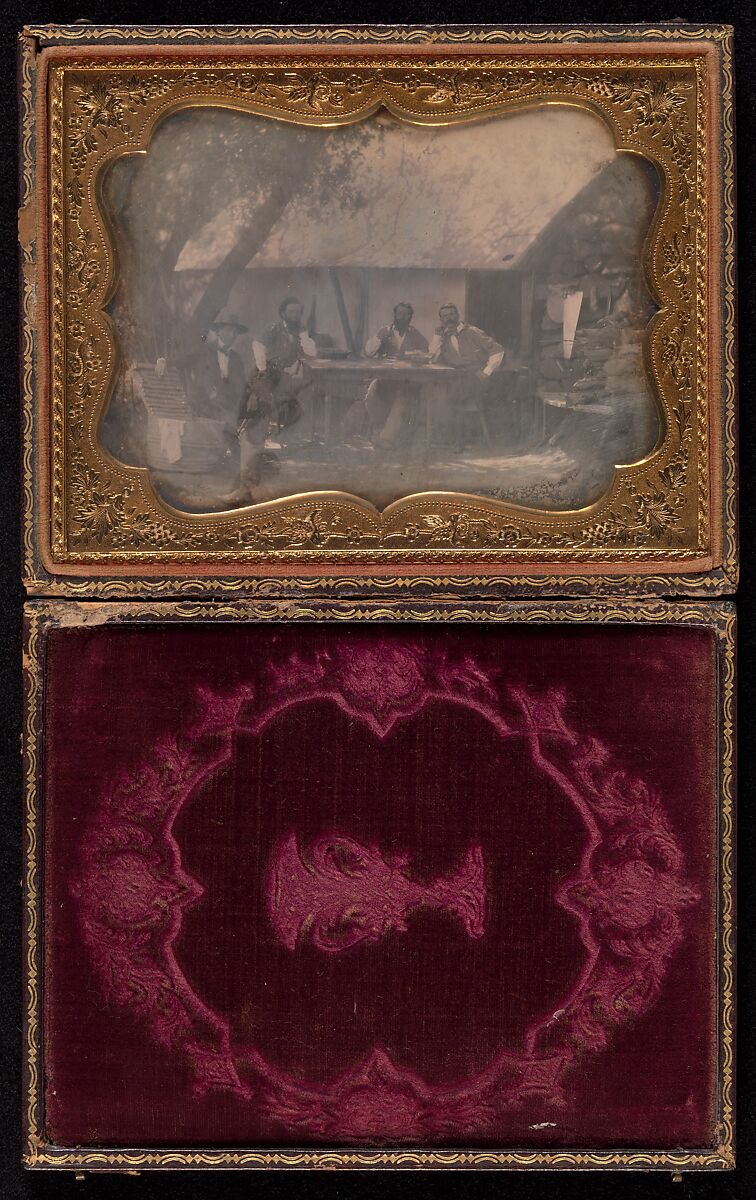 [Four Gold Miners Seated in Front of Their House], Unknown (American), Daguerreotype