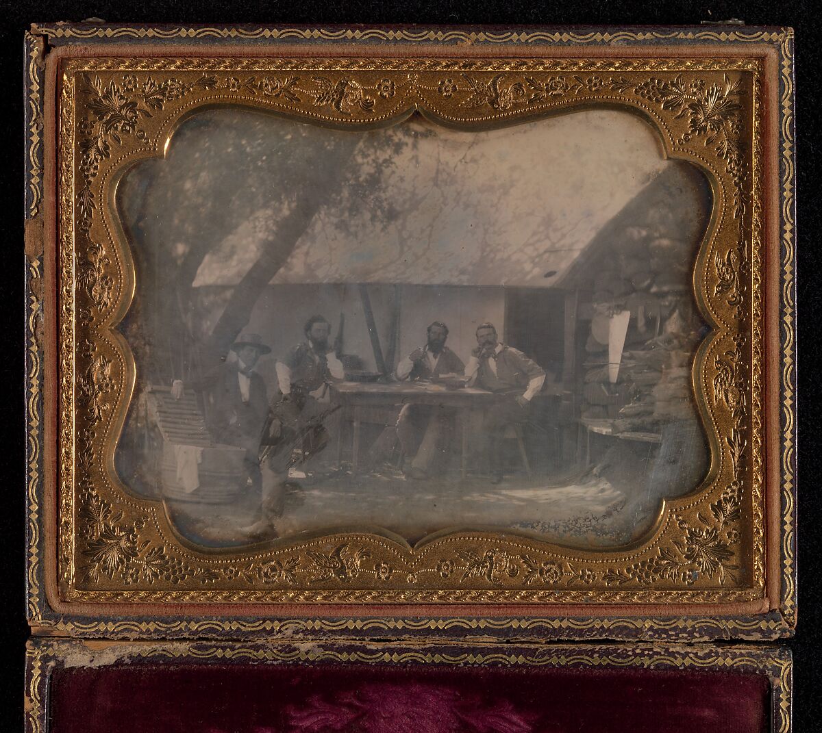 [Four Gold Miners Seated in Front of Their House], Unknown (American), Daguerreotype 