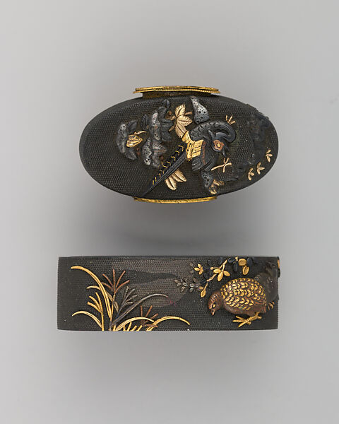 Sword-Hilt Collar and Pommel (Fuchigashira), Copper-gold alloy (shakudō), gold, Japanese 