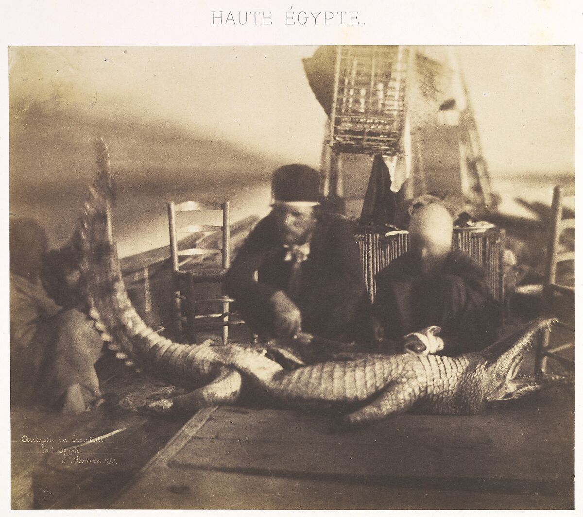 Autopsy of the First Crocodile Onboard, Upper Egypt, Ernest Benecke (German (born England), 1817–1894), Salted paper print from paper negative 