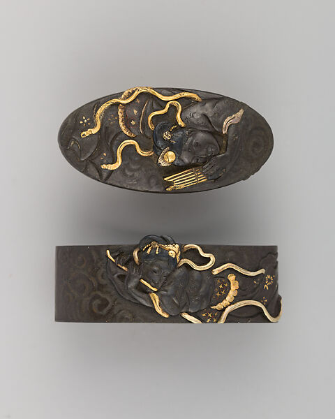 Sword-Hilt Collar and Pommel (Fuchigashira), Copper-silver alloy (shibuichi), gold, Japanese 