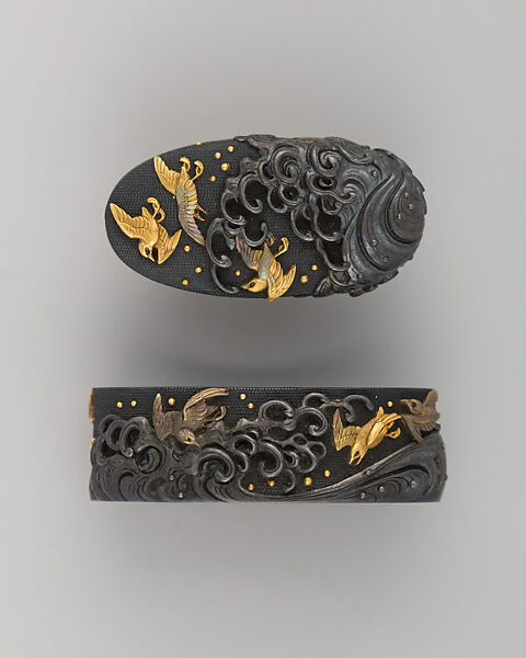 Sword-Hilt Collar and Pommel (Fuchigashira), Copper-gold alloy (shakudō), gold, Japanese 