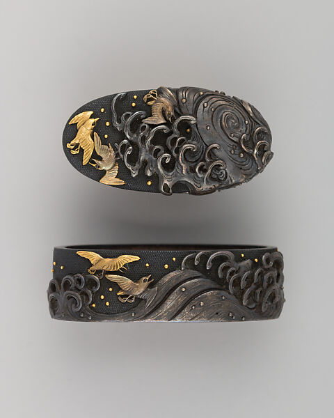 Sword-Hilt Collar and Pommel (Fuchigashira), Copper-gold alloy (shakudō), gold, Japanese 