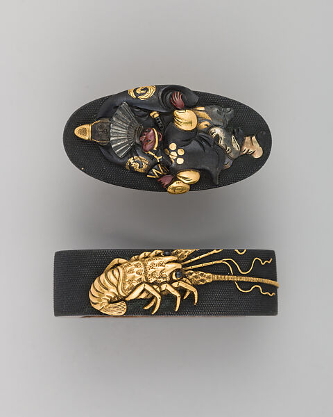 Sword-Hilt Collar and Pommel (Fuchigashira), Copper-gold alloy (shakudō), gold, Japanese 